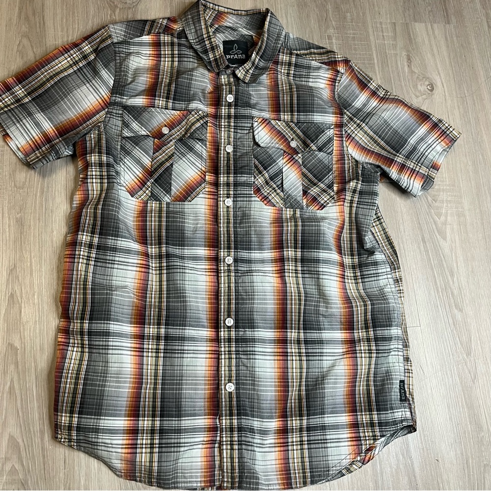 Men's Prana Plaid Short Sleeve Hiking / Camping  Shirt - Black and Orange Sz Med
